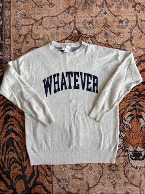 Pink Rose Light Gray Crewneck Sweater with Navy 'WHATEVER' Text